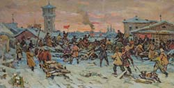 P.Redin picture Construction of the barricades by workers of the railway workshop of Catherine station in town Aleksandrovsk (Zaporozhye)